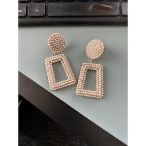 White Pearl Rectangular & Round Beaded Drop Earrings, for Pierced Ears